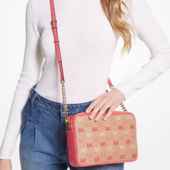 NWT Michael Kors Crossbody Bag -  Pink and Tan Raffia - Picture 5 of 8